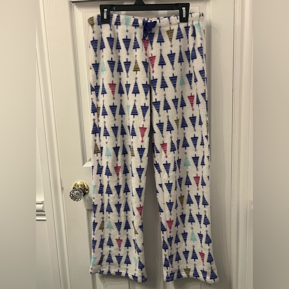 George Fuzzy White Pajama Pants with Blue, Green & Pink Christmas Tree Design